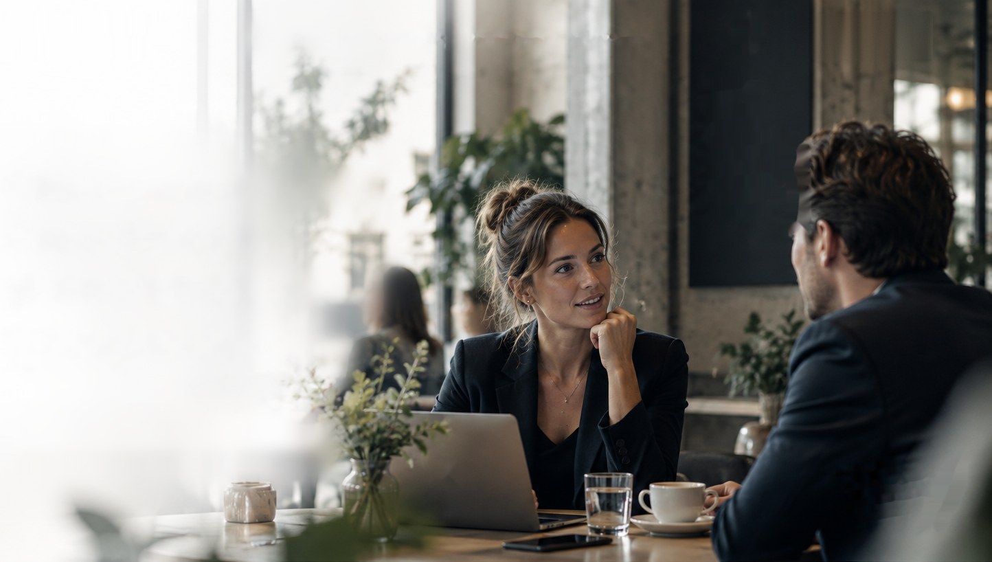 Twee zakelijke professionals in gesprek aan een tafel in een café